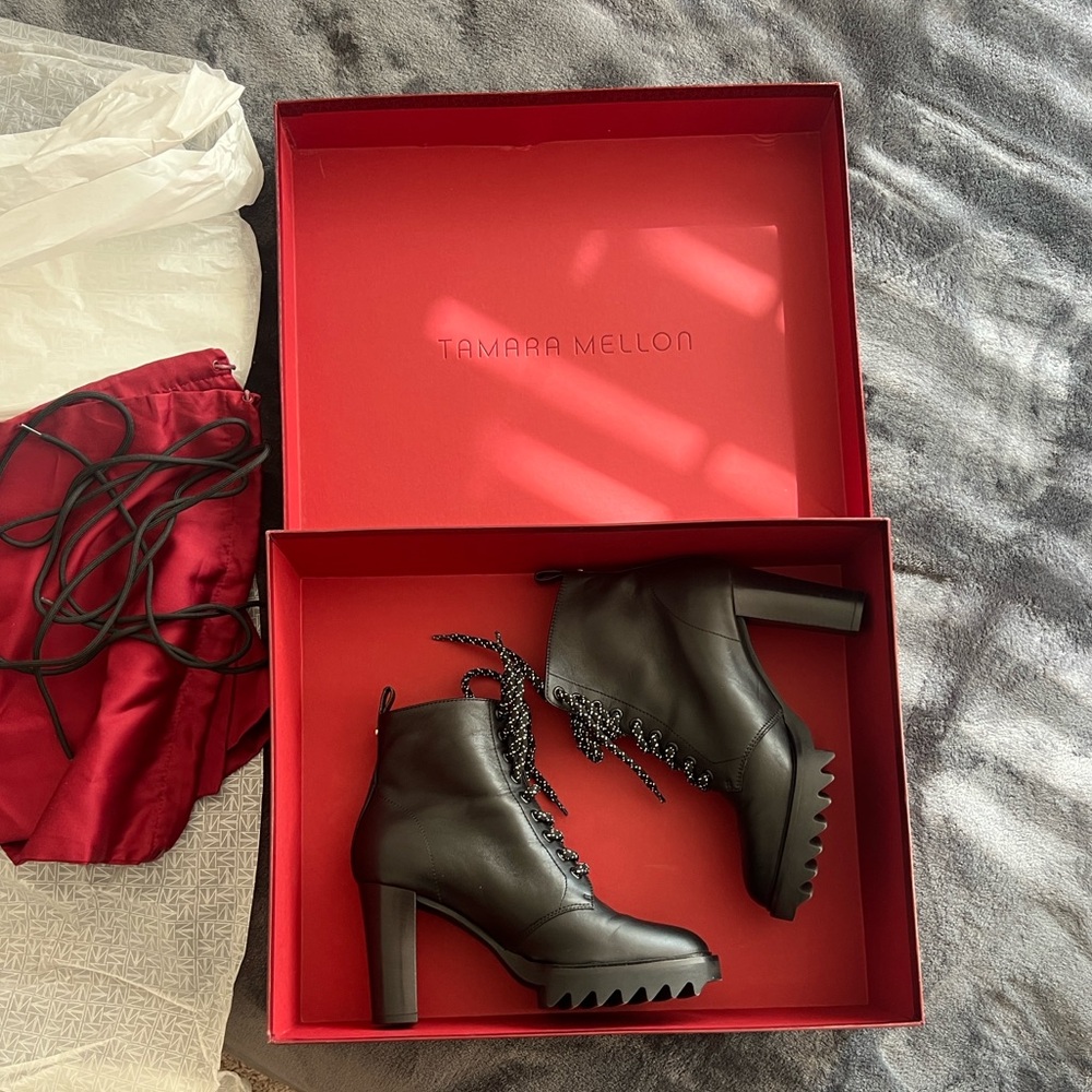 Tamara Mellon Black Heeled Boots with Chain Detail